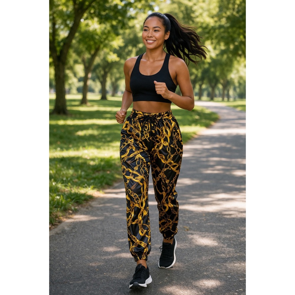 36point5‎ Womens Gold Chain Print Joggers Black Satin Drawstring Pants Small